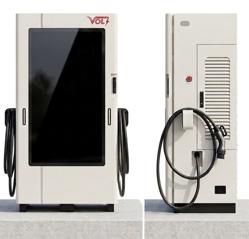 Cargador VOLT de frente y de lado: pantalla, dos cables con conector y botón de parada de emergencia